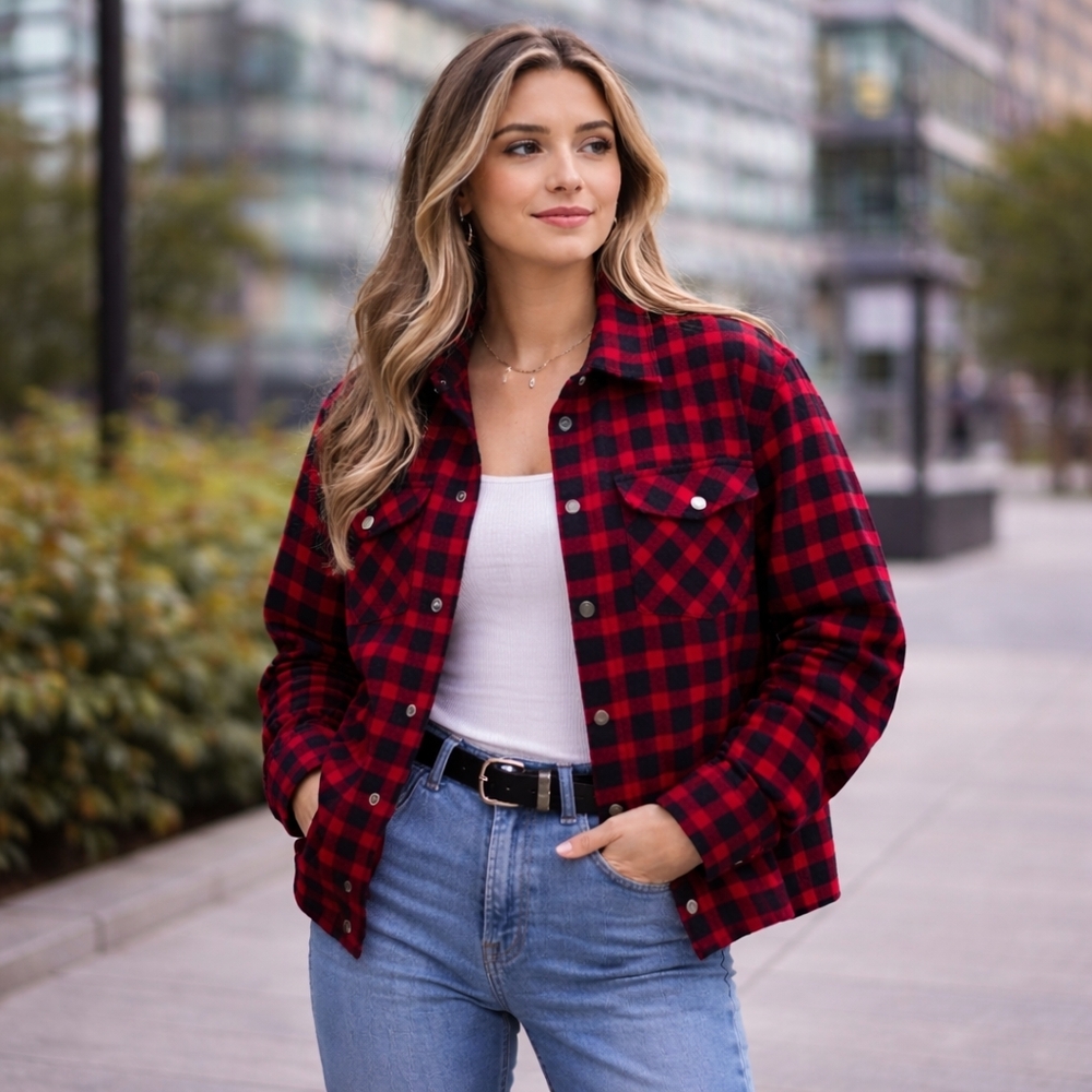 Yest Stretch Plaid Jacket Red Black Boxy Fit Snap Front Shacket Overshirt Cozy 8